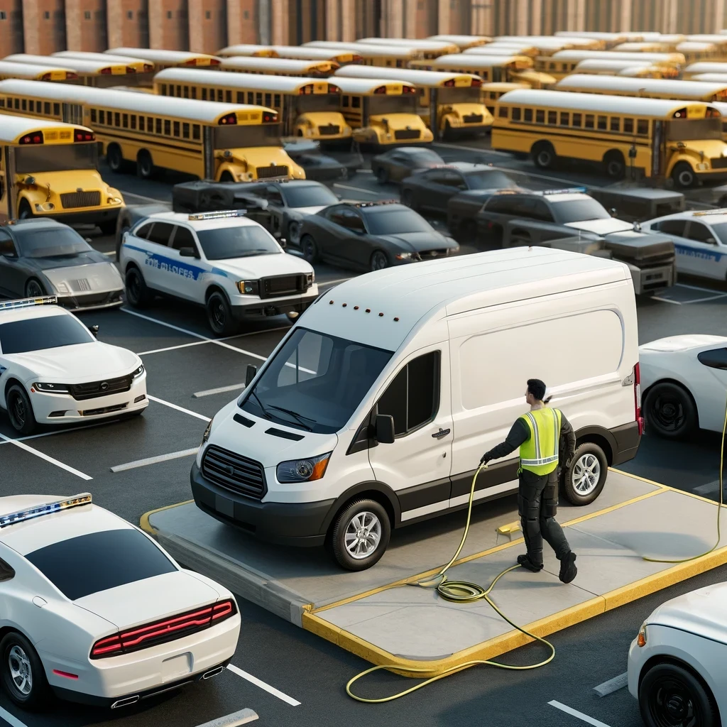 A photorealistic image of an electric vehicle charging service in a car dealership parking lot. A technician in a high-visibility vest is standing next to a white electric service van, uncoiling a yellow charging cable. Behind him, a lineup of various white electric cars is parked neatly, with a modern dealership building in the background under a clear blue sky. The overall scene conveys a professional EV charging service being offered in a commercial setting.