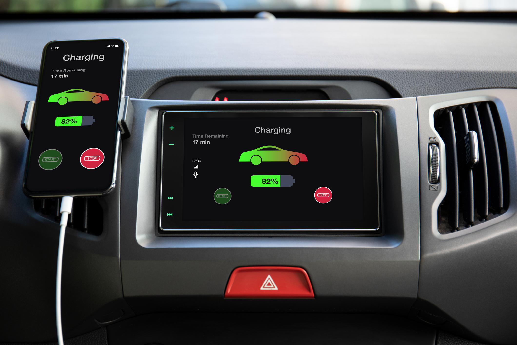 The image displays an electric vehicle's interior dashboard with a centrally mounted touchscreen indicating the car is charging, showing "82%" battery level and "17 min" time remaining. A smartphone mounted on the dashboard mirrors this information with a charging app interface. Both screens feature a colorful graphic of a car with a battery indicator and options to start or stop the charge, illustrating a modern, high-tech EV charging system.