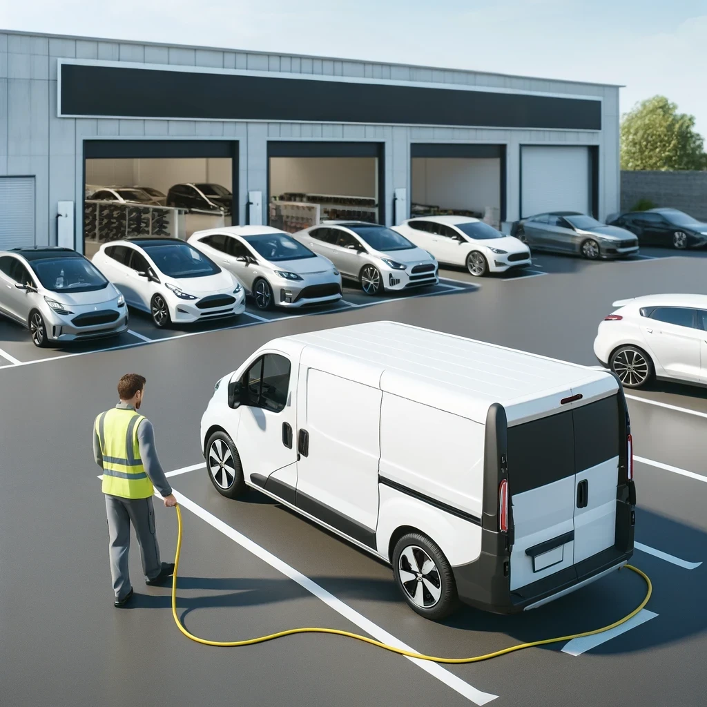 A detailed image showcasing a fleet charging operation in a county government parking lot. A service technician, dressed in a safety vest, is actively laying out a yellow charging cable from a white electric service van to a parked vehicle. The background is densely packed with rows of yellow school buses and various government vehicles, including police cars, suggesting a comprehensive EV charging service for public sector fleets. The scene is set in the golden hour, casting a warm light over the busy lot, highlighting the provision of EV infrastructure for government-operated vehicles.