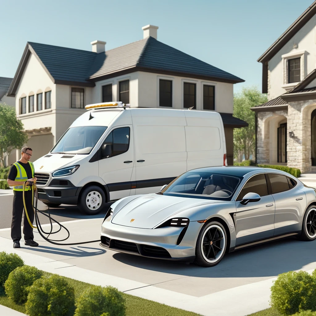 A charging technician in a high-visibility vest is preparing to charge a silver Porsche Taycan parked in the driveway of a luxurious two-story home. An unmarked white van is parked adjacent to the car, ready to provide charging services. The scene conveys an upscale residential area with well-manicured hedges and stately homes, emphasizing the convenience of home charging services for luxury electric vehicles.