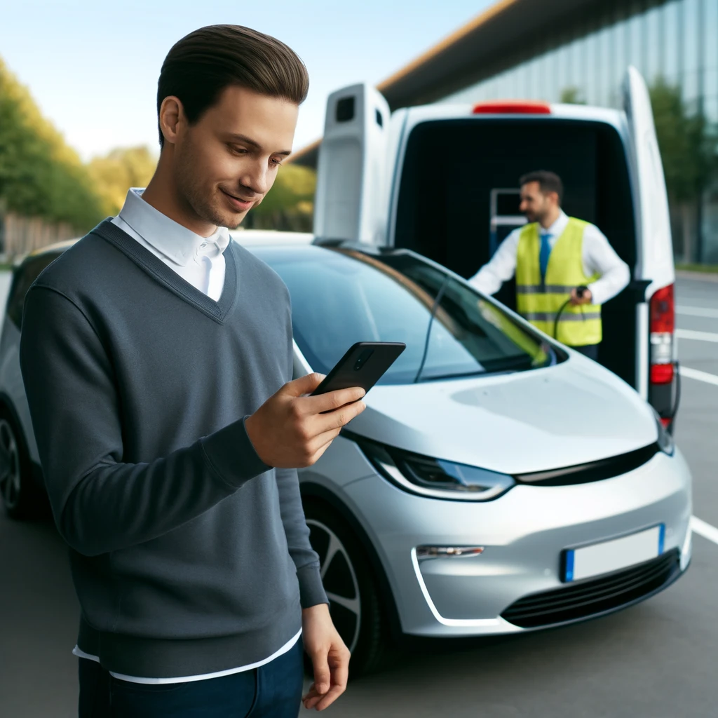 A smartly dressed young man is focused on his smartphone, standing next to a modern electric vehicle that's being serviced by a technician. In the background, the technician, wearing a high-visibility vest, is busily engaged with the equipment in the open back of a white commercial van. The setting is an urban street, suggesting a mobile electric vehicle charging service in action.